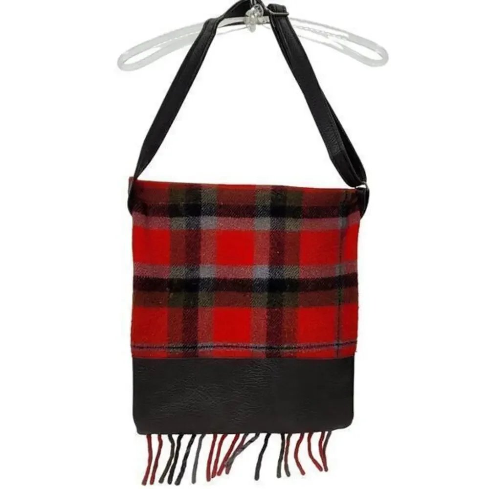 Vintage Plaid Tassel Fringe Wool Adjustable Cross Body Blanket Bag Handbag Purse